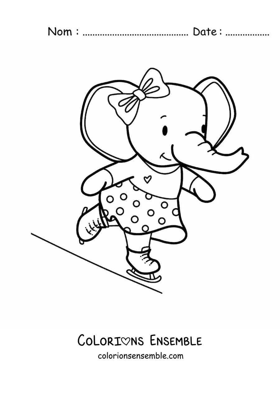 Coloriage d’un éléphant kawaii animé qui fait du patin à glace