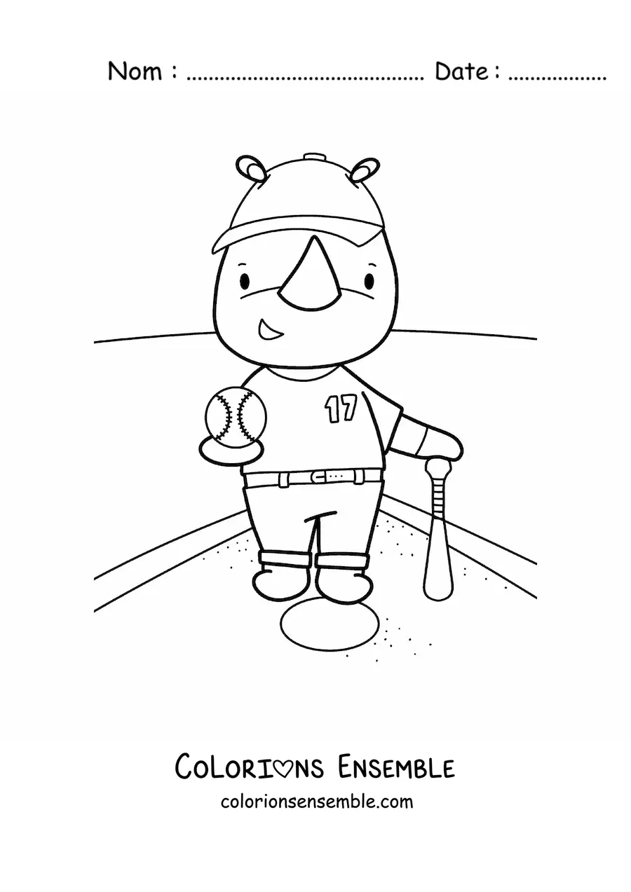 Coloriage d’un rhinocéros kawaii animé qui joue au baseball