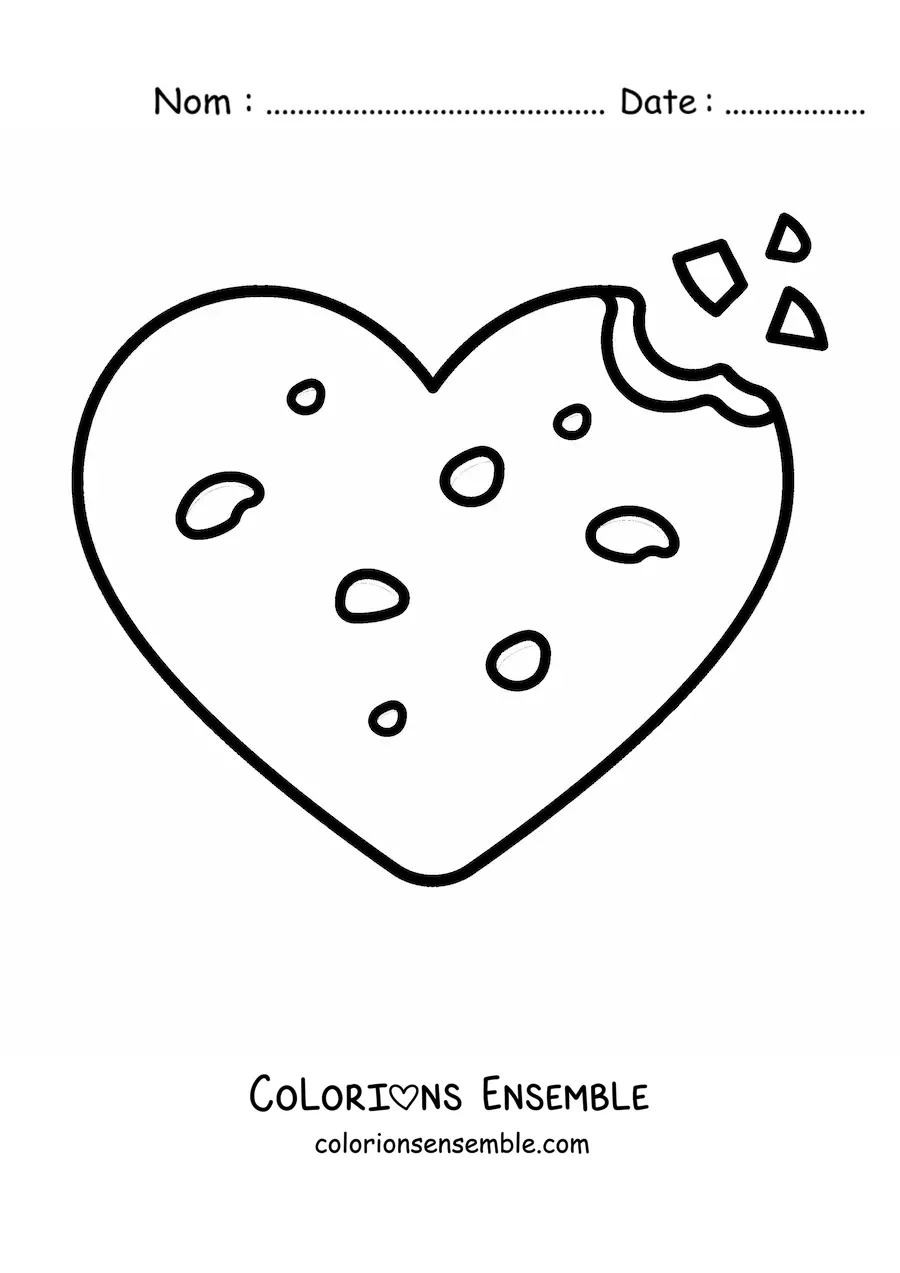 Image à colorier d'un biscuit aux pépites de chocolat en forme de cœur croqué