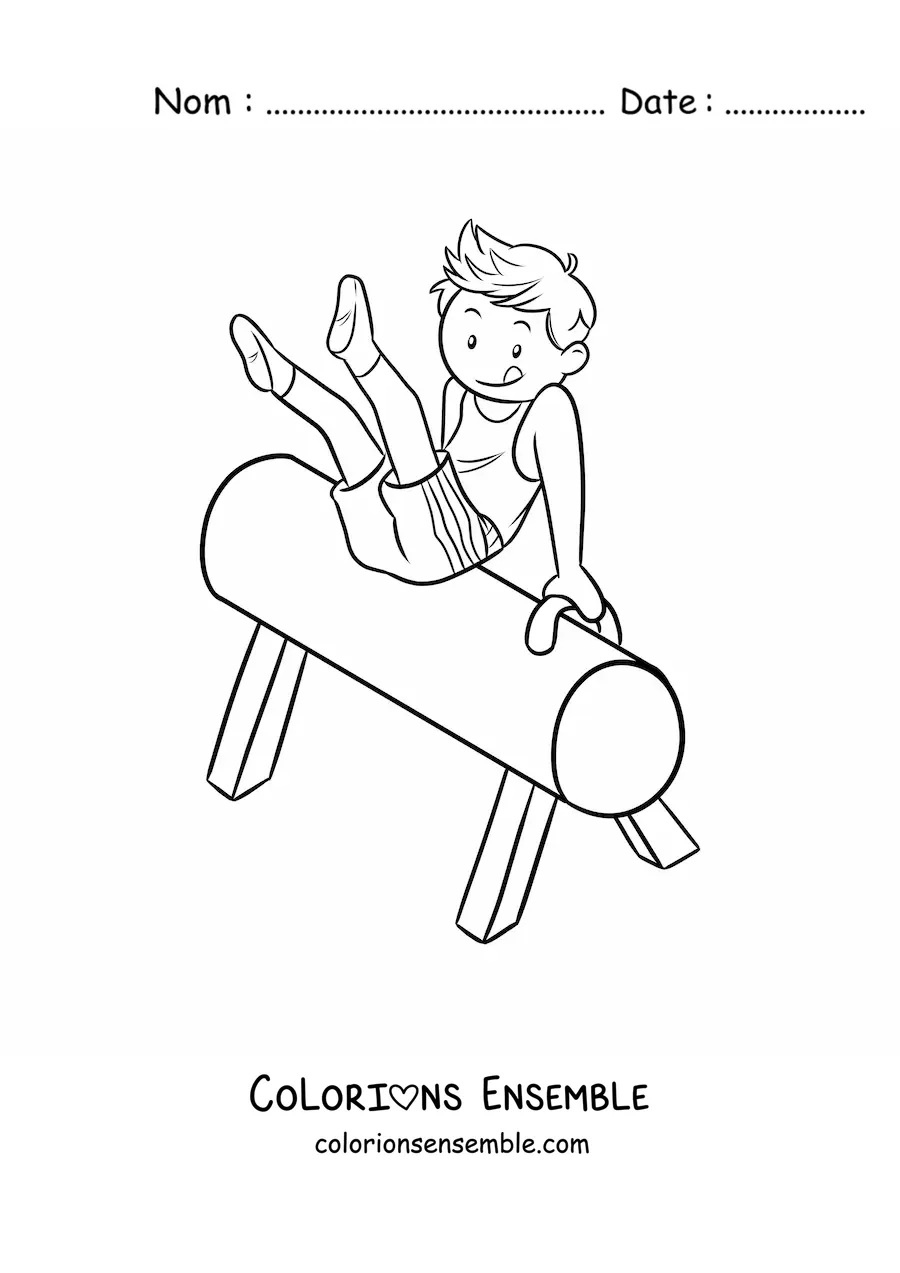Image à colorier d'un garçon gymnaste au cheval d'arçons