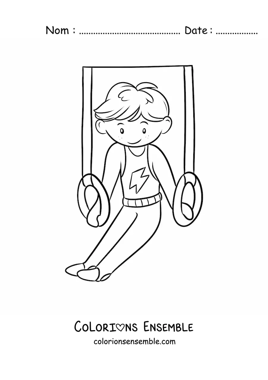 Image à colorier d'un petit gymnaste aux anneaux