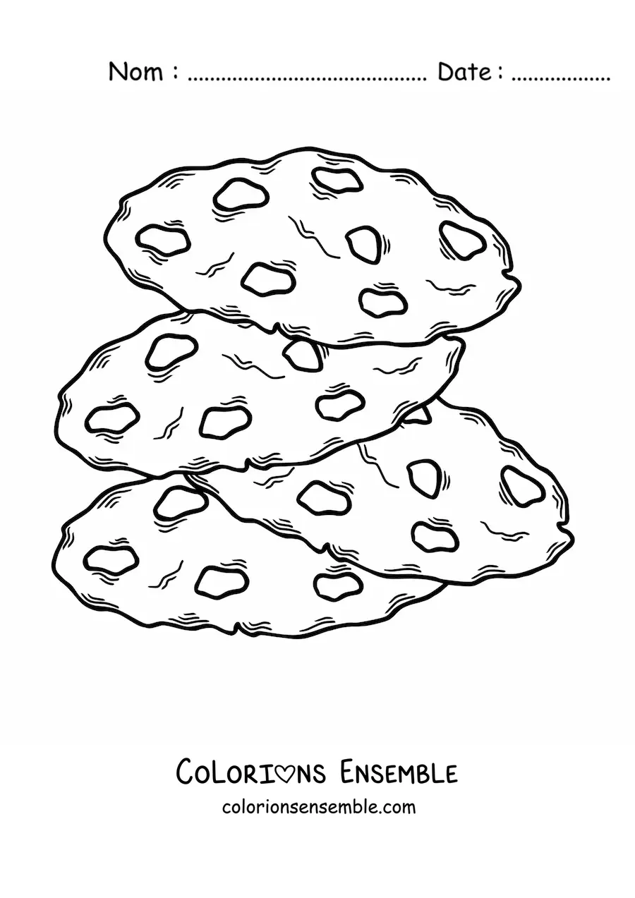 Image à colorier de quatre biscuits aux pépites de chocolat empilés les uns sur les autres
