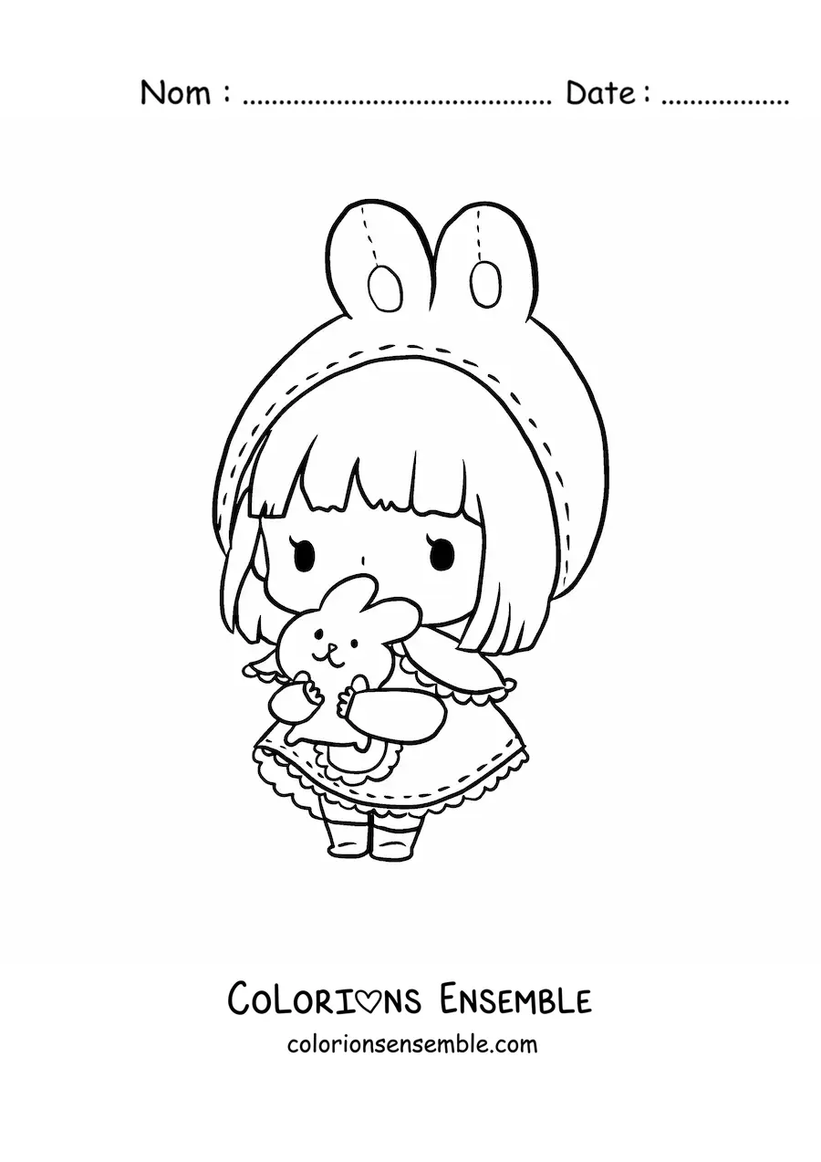 Image à colorier d'une poupée kawaii en robe de lapin
