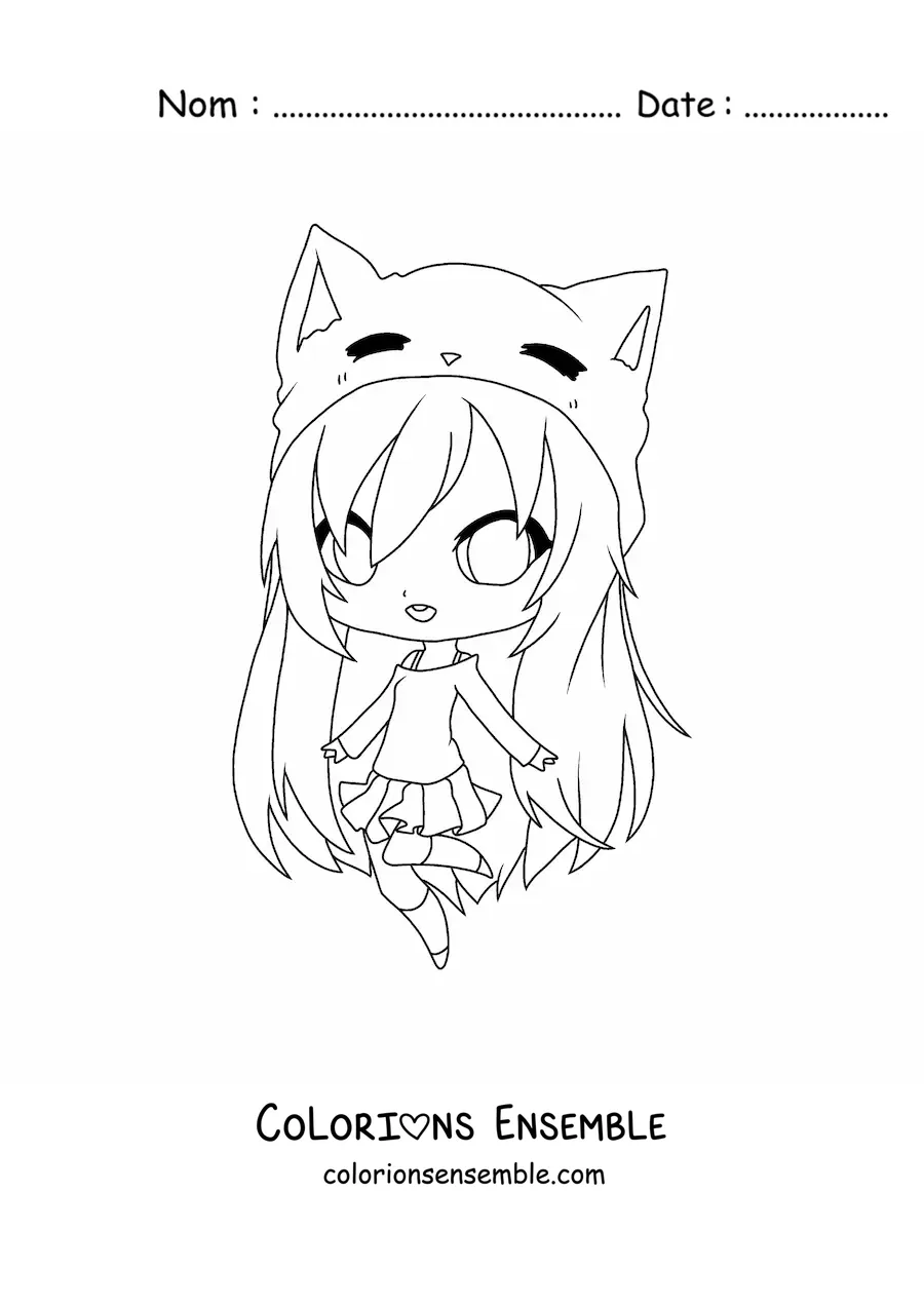 Image à colorier d'une fille kawaii style anime avec des oreilles de chat
