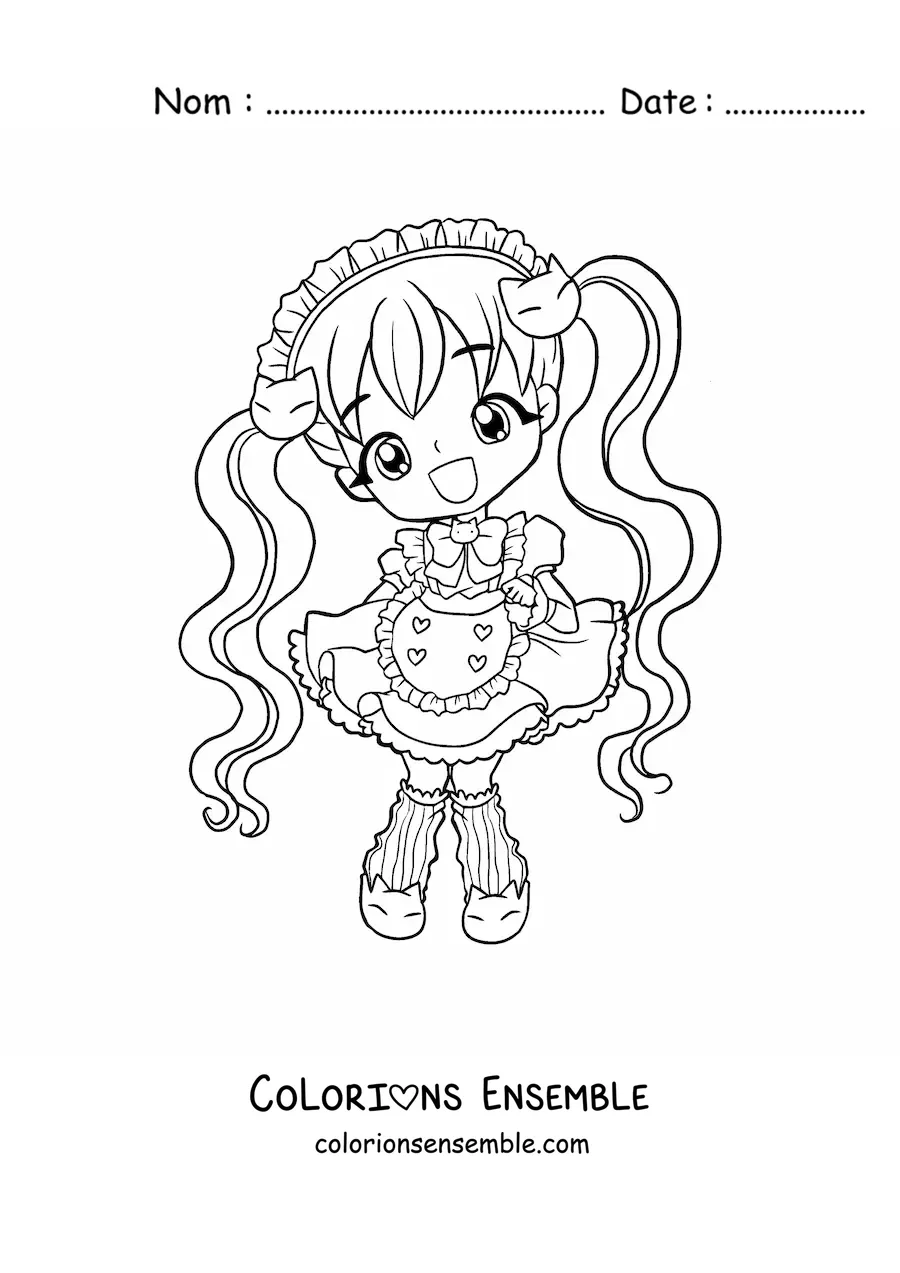 Image à colorier d'une fille fashion chibi en robe à chatons kawaii