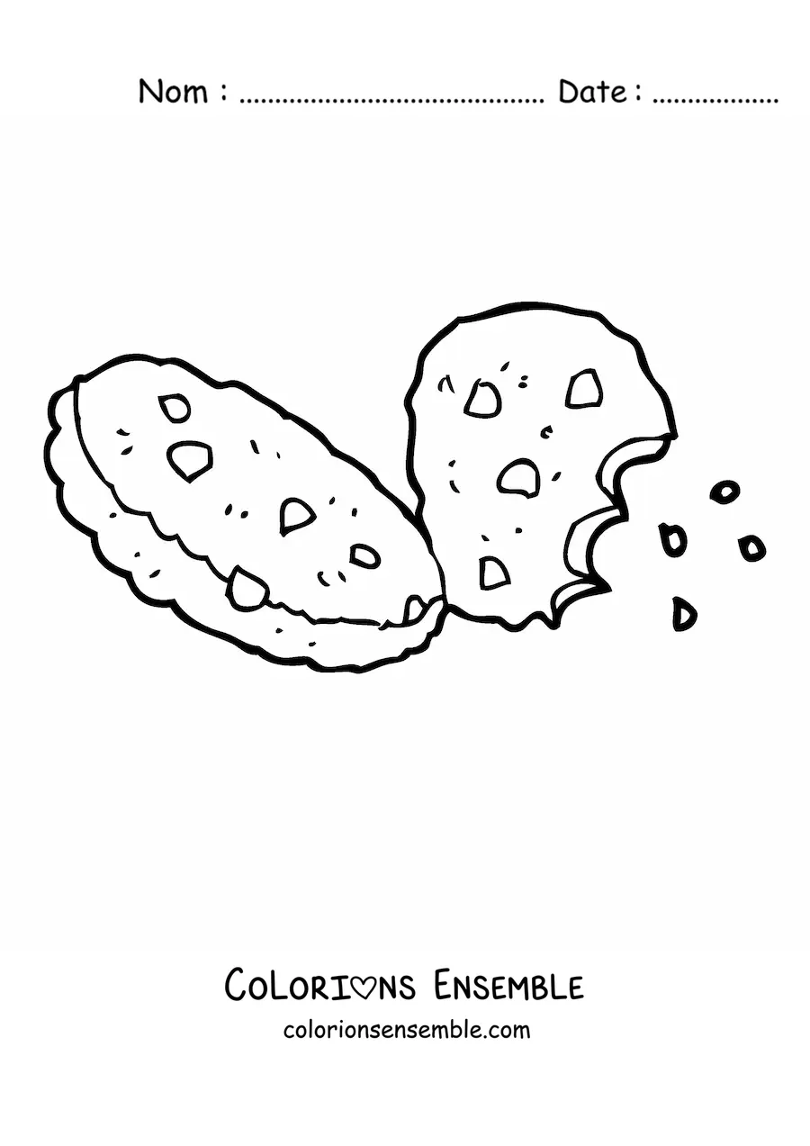 Image à colorier de deux biscuits aux pépites de chocolat dont un croqué