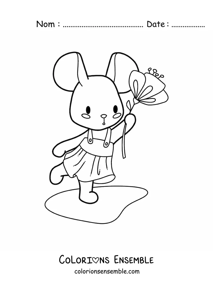 Image à colorier d'une petite souris kawaii animée en robe avec une fleur