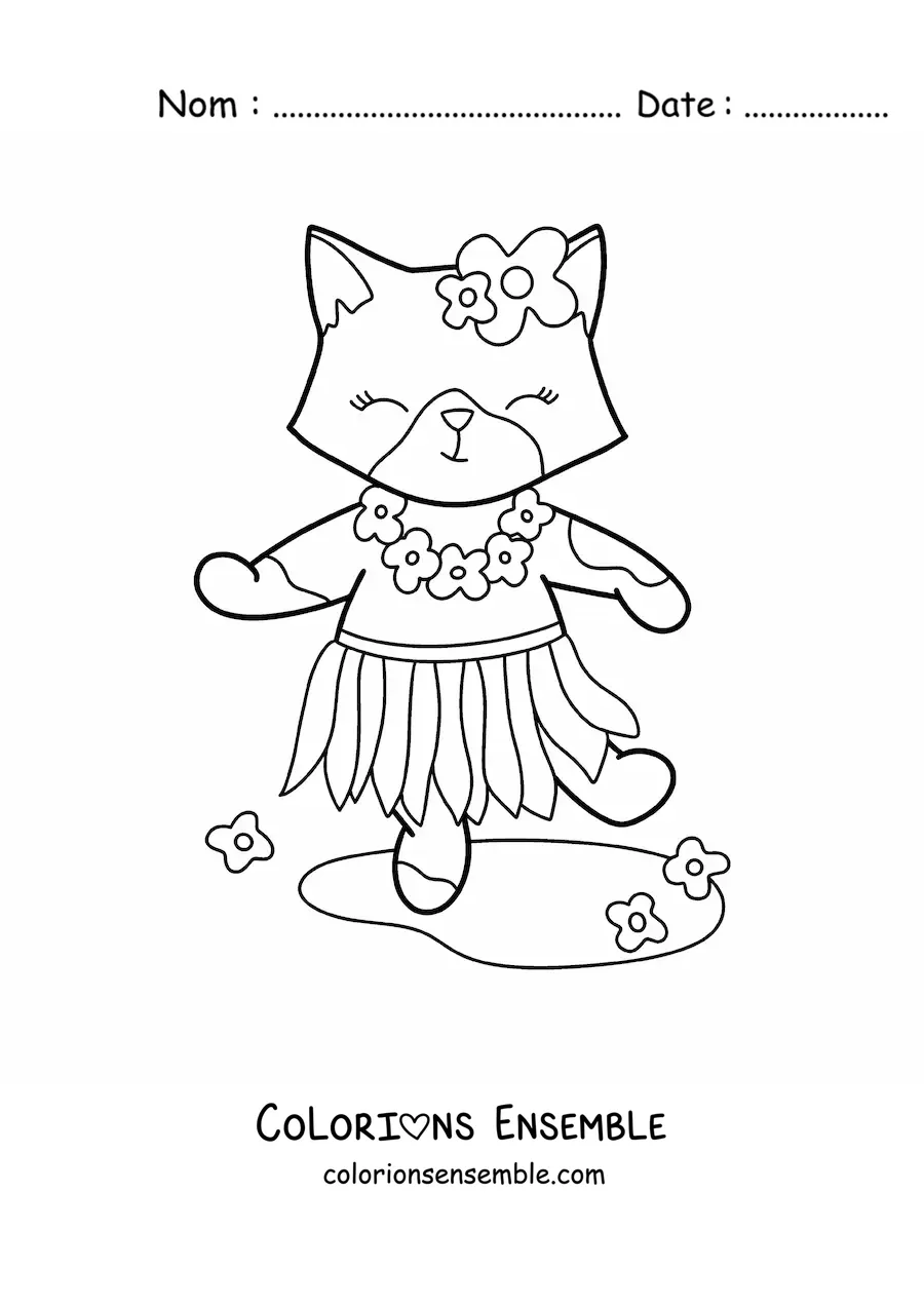 Image à colorier d'une petite chatte kawaii animée en jupe hawaïenne avec des fleurs
