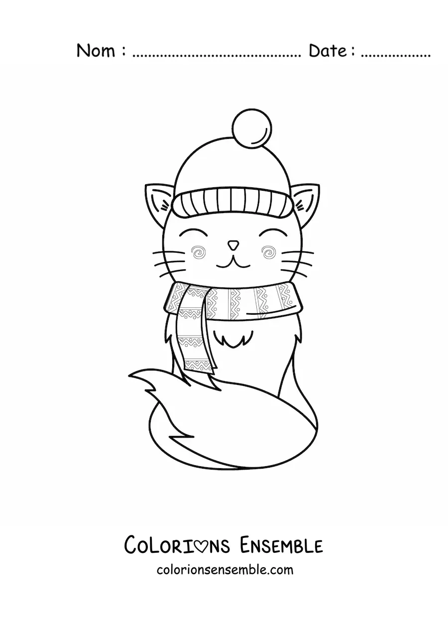 Image à colorier d'un chat kawaii animé en tenue d'hiver