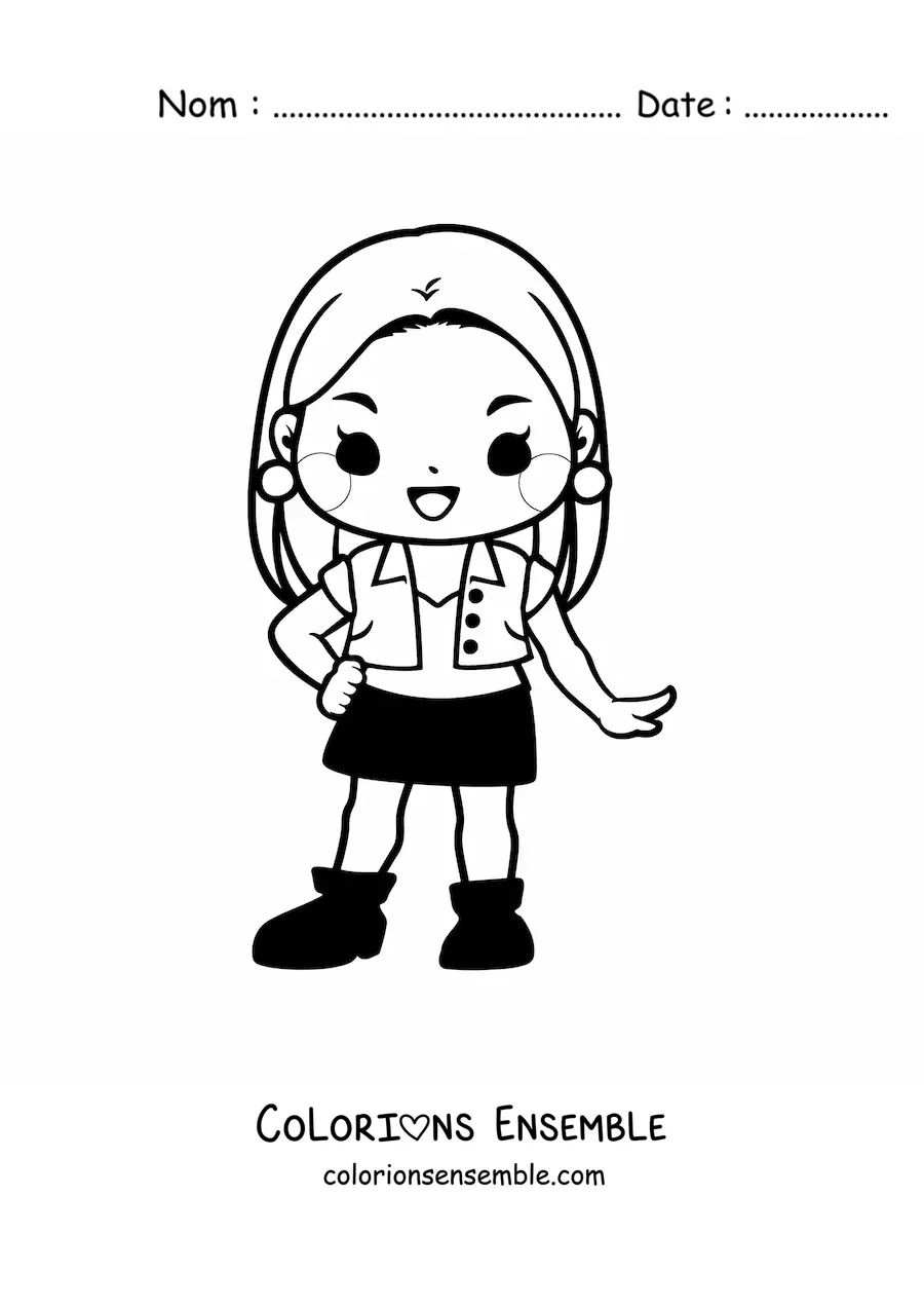 Image à colorier d'une petite fille kawaii animée en tenue décontractée