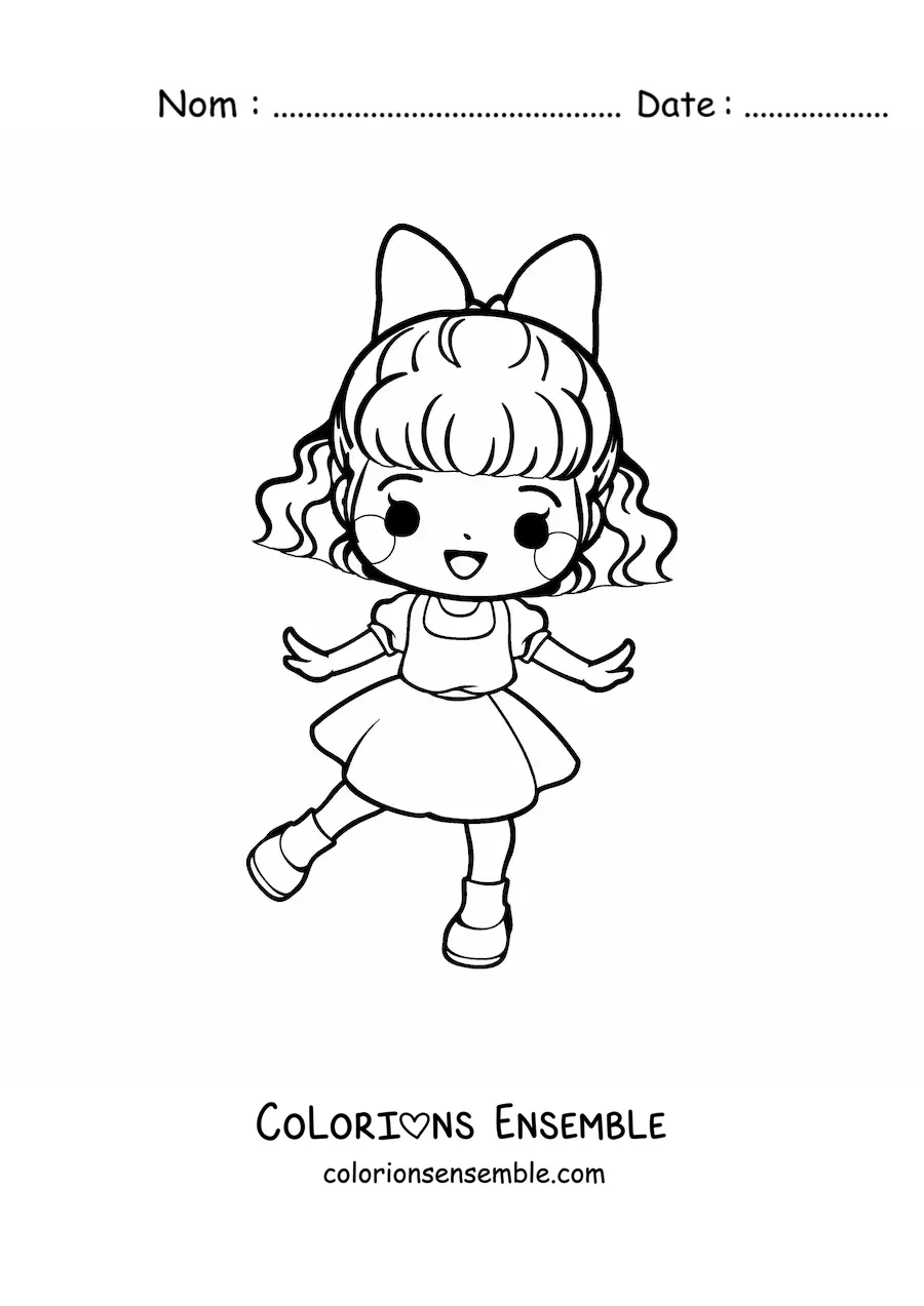 Image à colorier d'une petite fille kawaii animée avec un nœud et une robe élégante