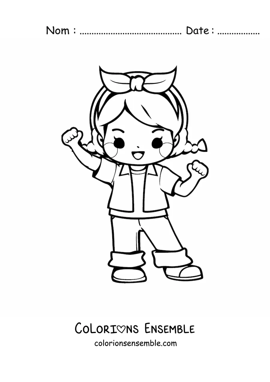 Image à colorier d'une petite fille kawaii animée avec un nœud et une tenue décontractée