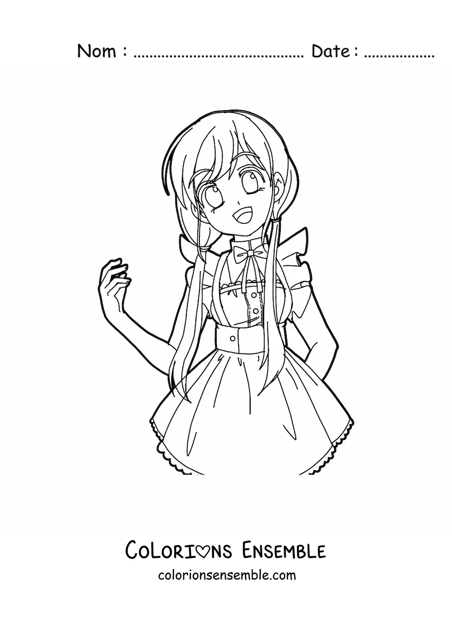Image à colorier d'une fille kawaii style anime dans une belle robe