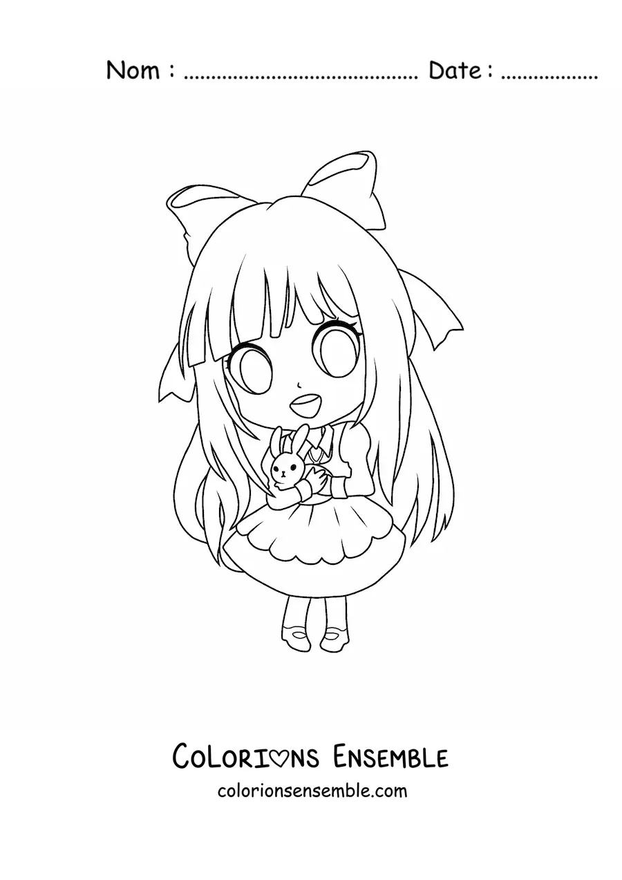 Image à colorier d'une fille kawaii chibi en belle robe avec un lapin