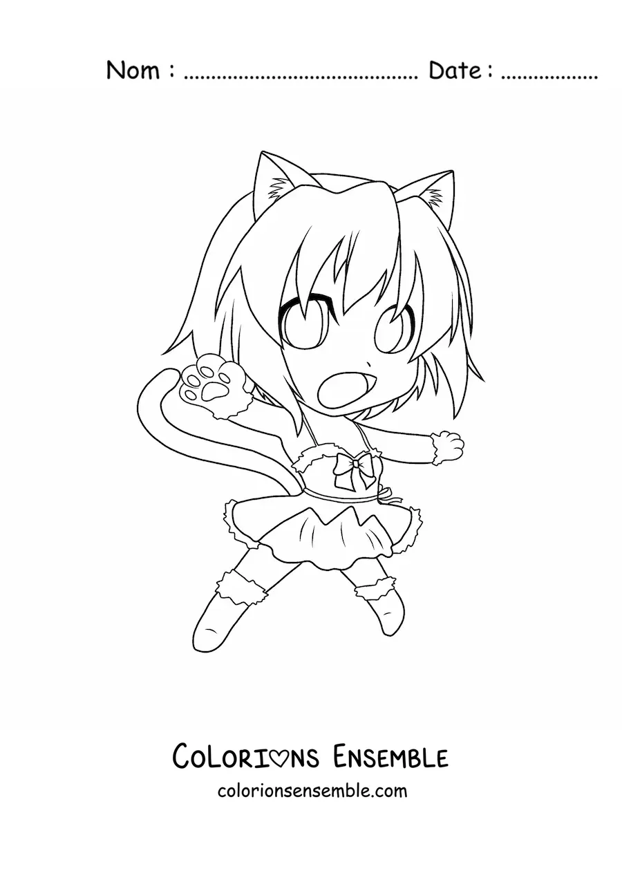 Image à colorier d'une fille kawaii chibi déguisée en chat