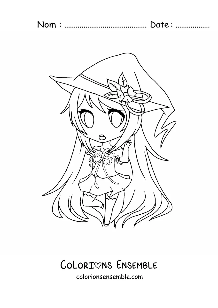 Image à colorier d'une fille fashion kawaii chibi déguisée en sorcière