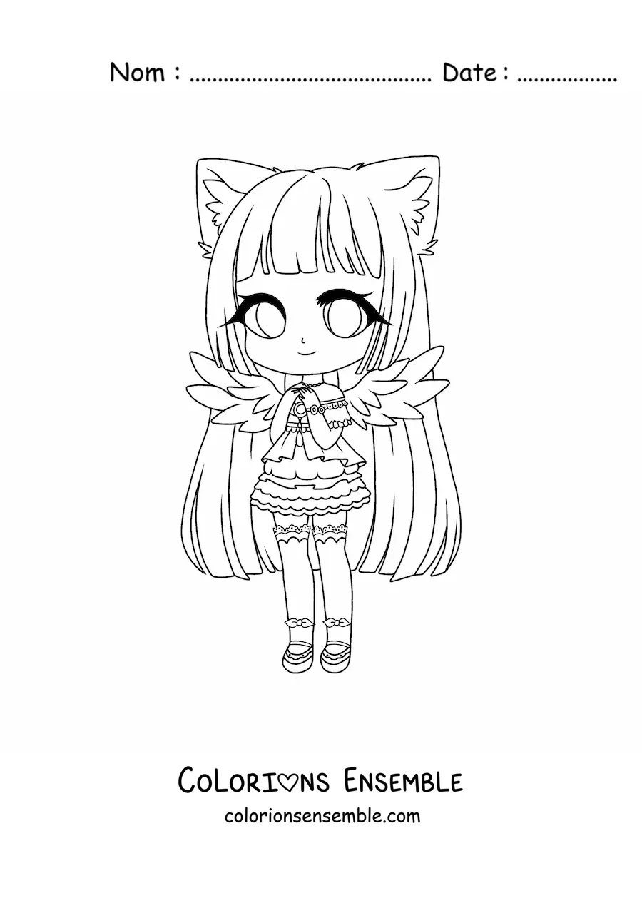 Image à colorier d'une fille fashion kawaii chibi déguisée en chat et en ange
