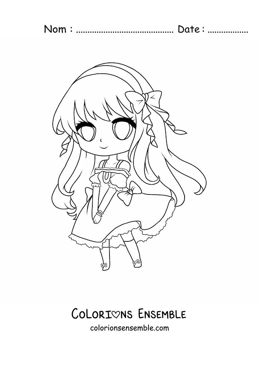 Image à colorier d'une fille fashion kawaii chibi en jolie robe longue