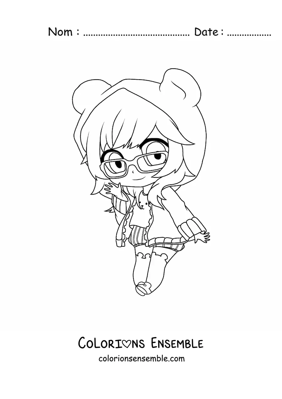 Image à colorier d'une fille nerd fashion kawaii chibi avec des lunettes et un sweat
