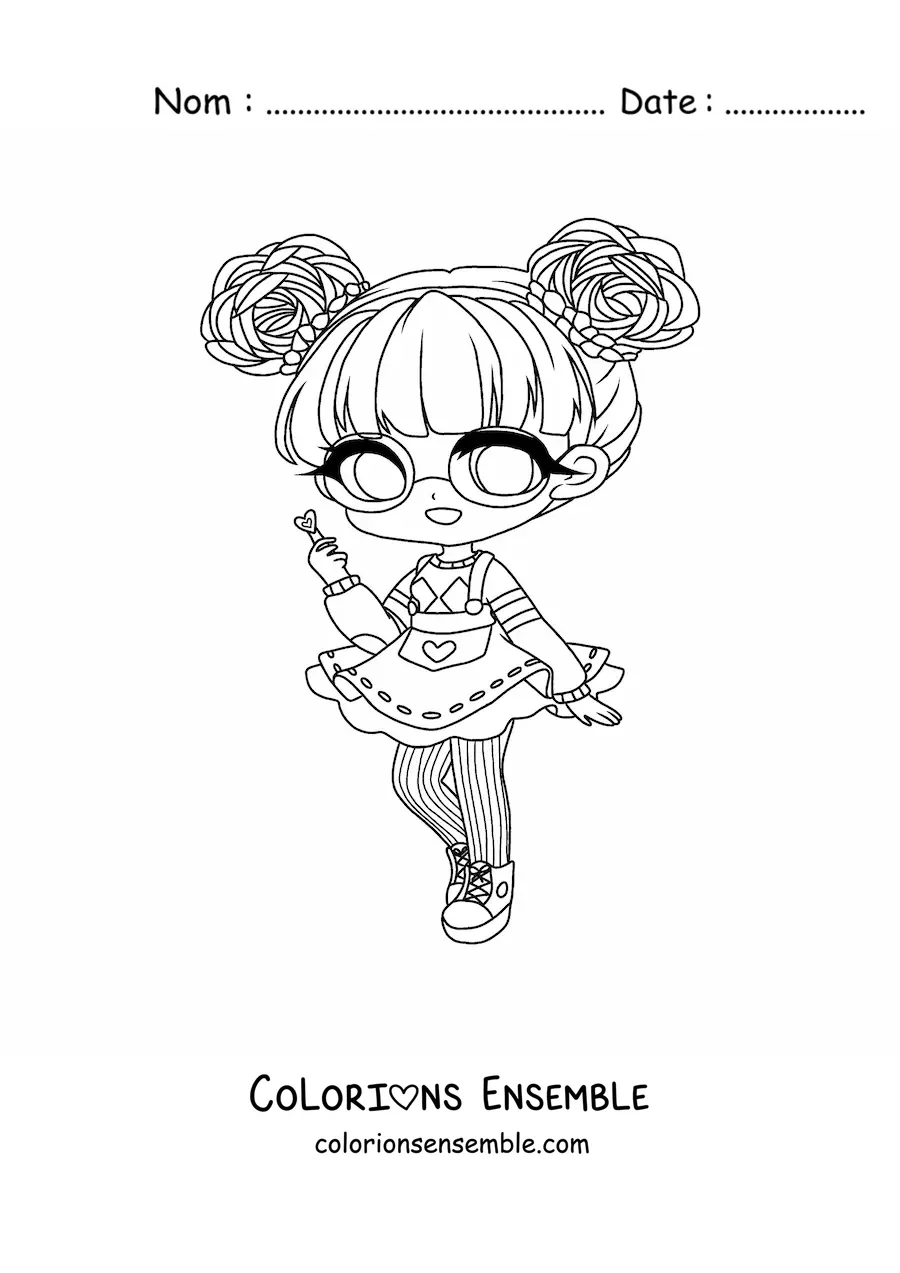 Image à colorier d'une fille nerd fashion kawaii chibi avec des lunettes et une jupe