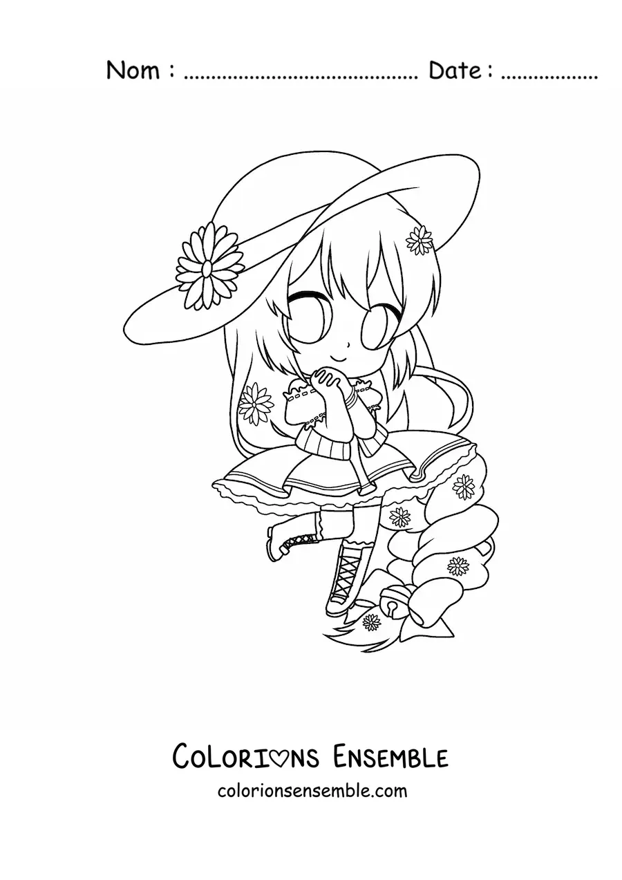 Image à colorier d'une fille fashion kawaii chibi avec un chapeau et une robe aesthetic