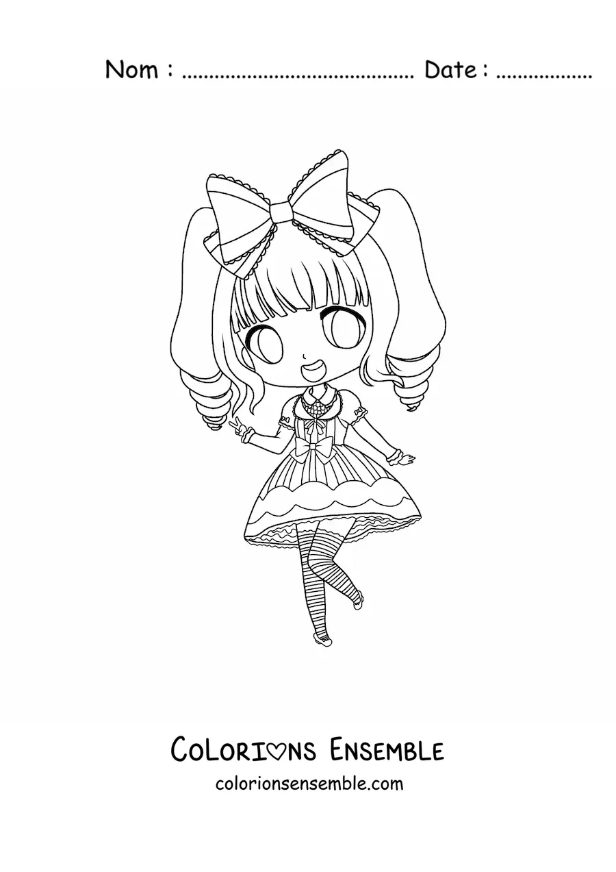 Image à colorier d'une fille fashion kawaii chibi en robe vintage