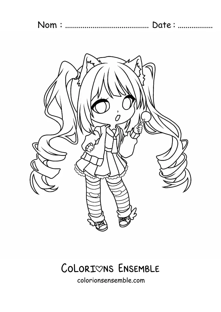 Image à colorier d'une fille fashion kawaii chibi en uniforme moderne avec des oreilles de chat