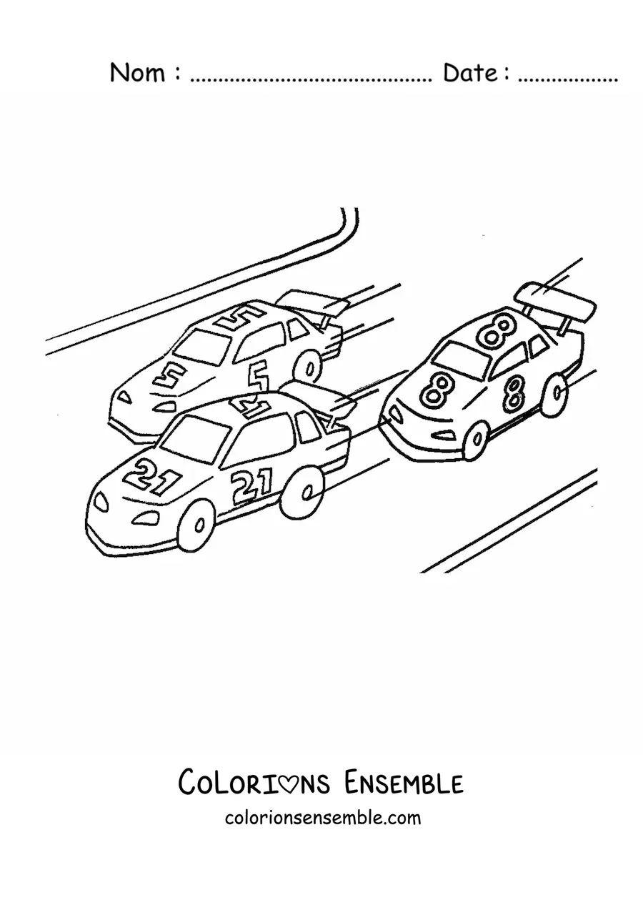 Image à colorier d’une course de voitures portant les numéros 21, 5 et 8