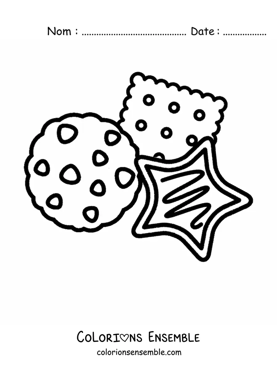 Image à colorier de biscuits en forme d'étoile, de biscuits aux pépites de chocolat et d'un biscuit carré