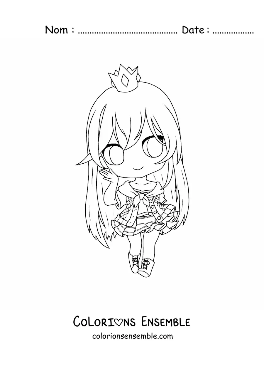 Image à colorier d'une fille fashion kawaii chibi avec une couronne et une jupe