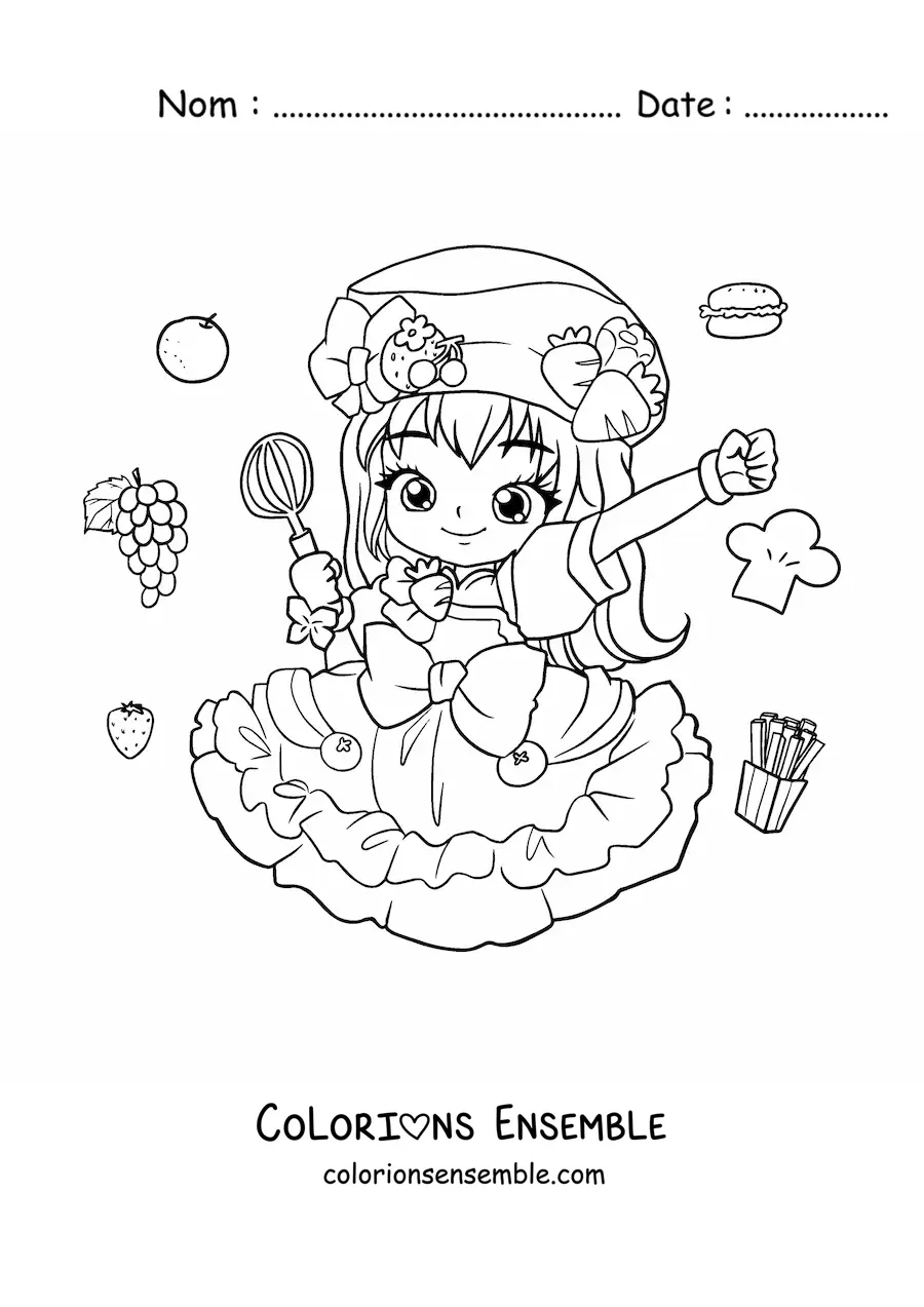 Image à colorier d'une fille fashion kawaii chibi pâtissière en tenue de bonbons