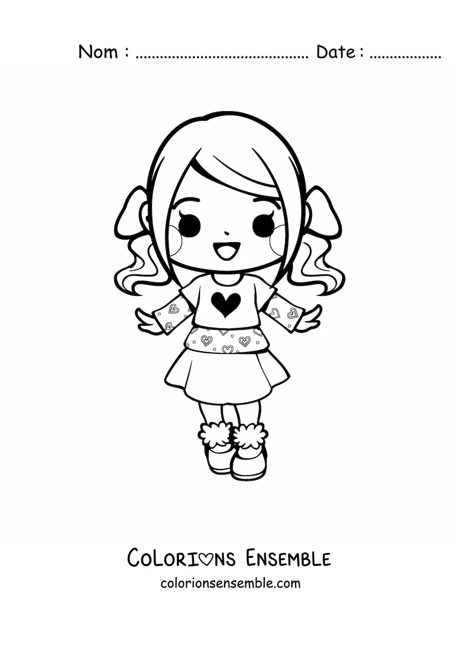 Image à colorier d'une petite fille kawaii animée avec une jupe et des couettes