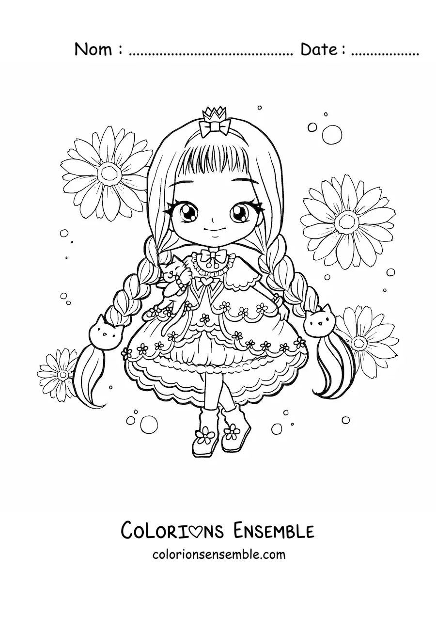 Image à colorier d'une fille fashion chibi en robe à chatons kawaii avec des fleurs