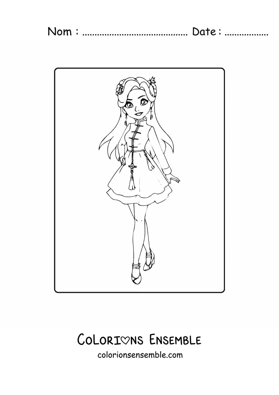 Image à colorier d'une fille animée en robe à la mode décontractée