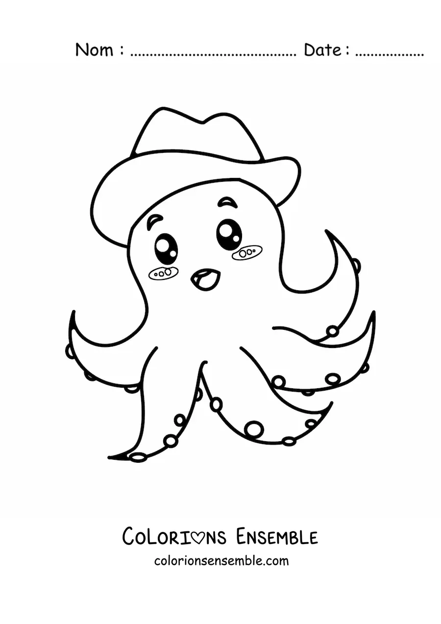 Image à colorier d'une pieuvre avec un chapeau