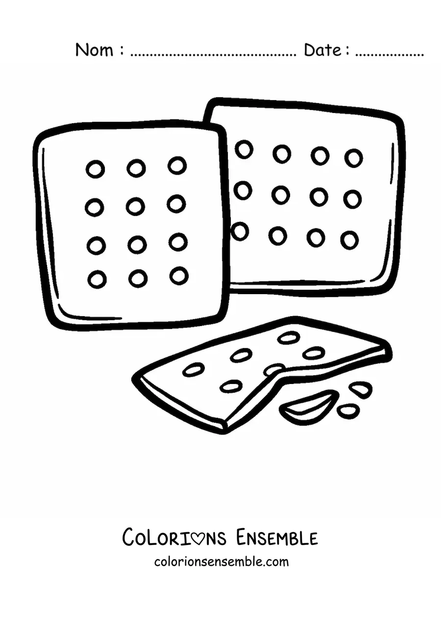 Image à colorier de biscuits carrés et d'un biscuit cassé en deux
