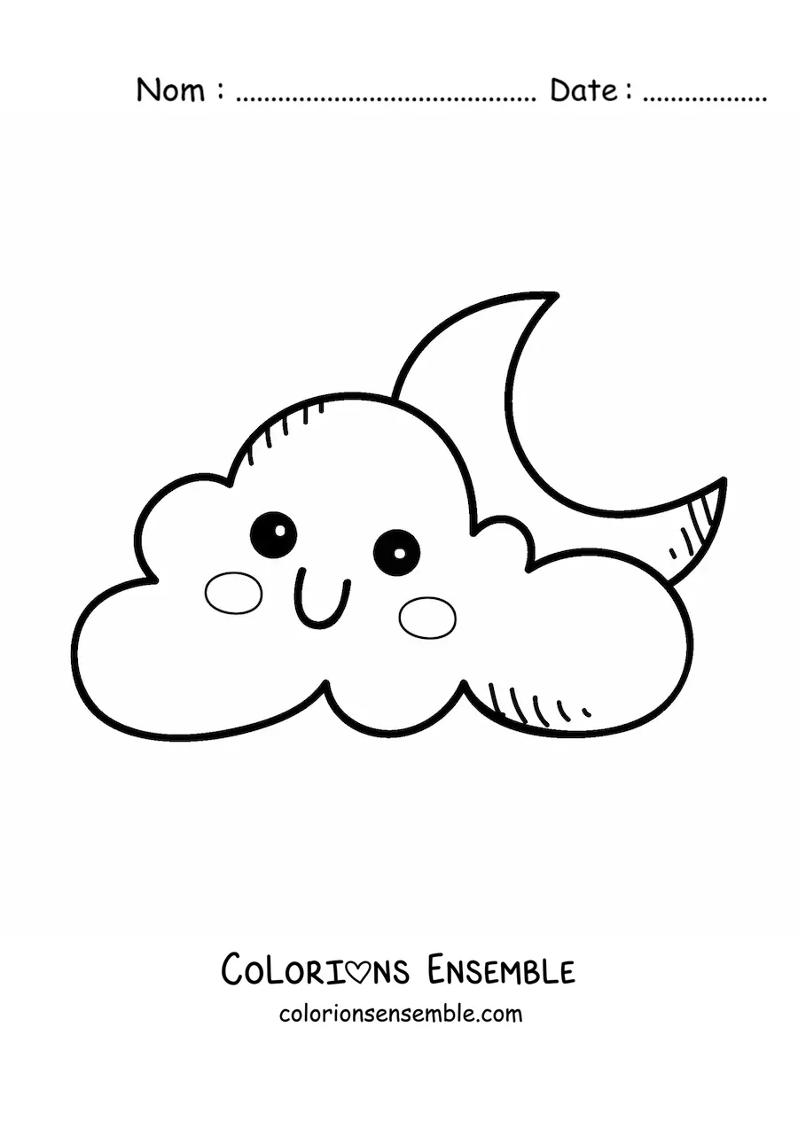 Image à colorier d'un nuage kawaii animé et de la Lune