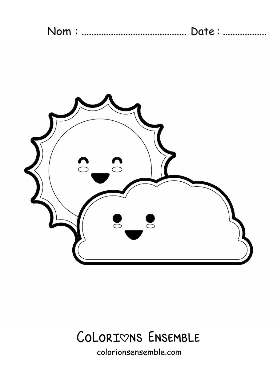 Image à colorier d'un nuage kawaii animé et du Soleil