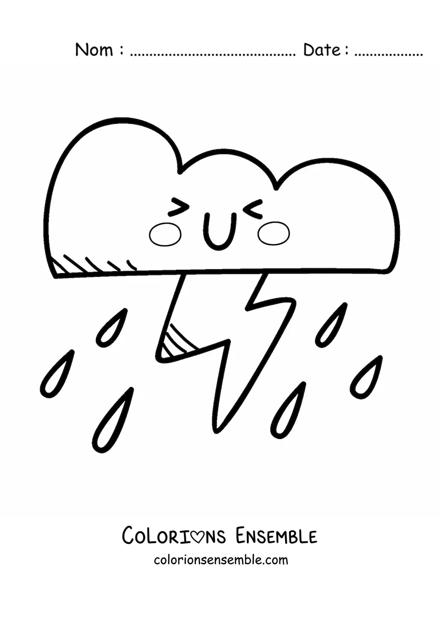 Image à colorier d'un nuage d'orage kawaii animé avec un éclair
