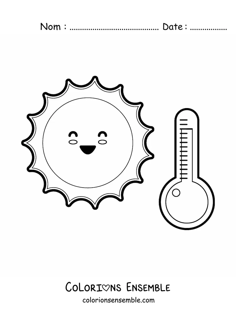 Image à colorier d'un Soleil kawaii animé par une journée chaude avec un thermomètre