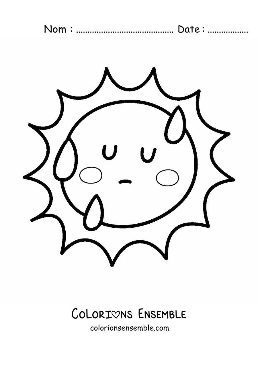 Image à colorier d'un Soleil chaud kawaii animé avec des gouttes de sueur