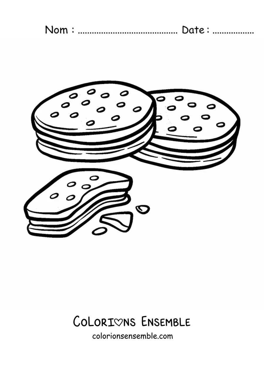 Image à colorier de deux biscuits fourrés et d'un biscuit coupé en deux
