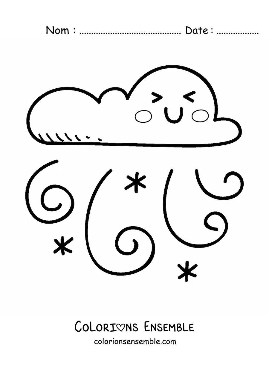 Image à colorier d'un nuage kawaii animé avec une rafale de vent