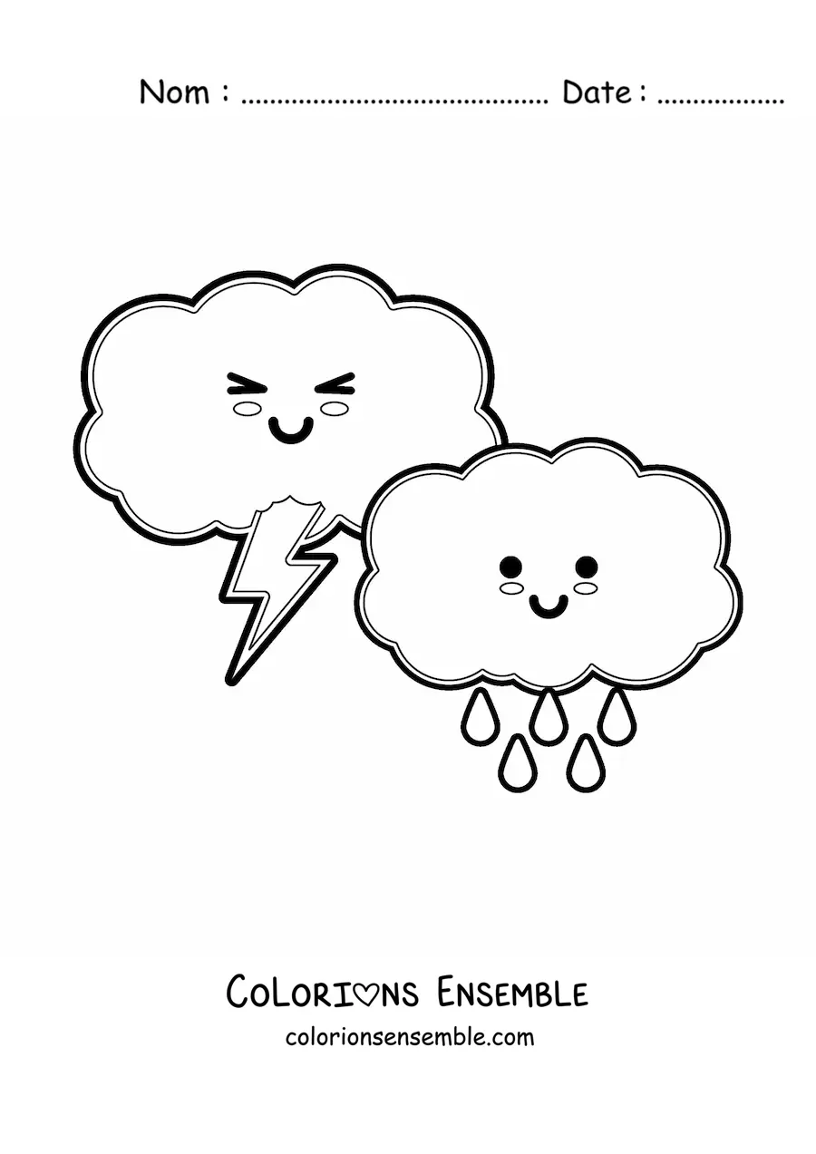 Image à colorier de nuages de pluie et d'orage kawaii animés
