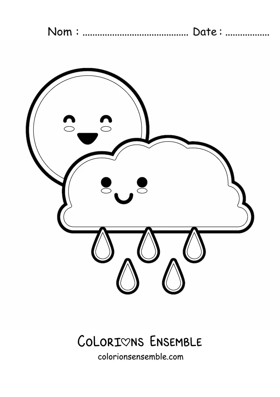 Image à colorier d'un nuage de pluie kawaii animé et du Soleil