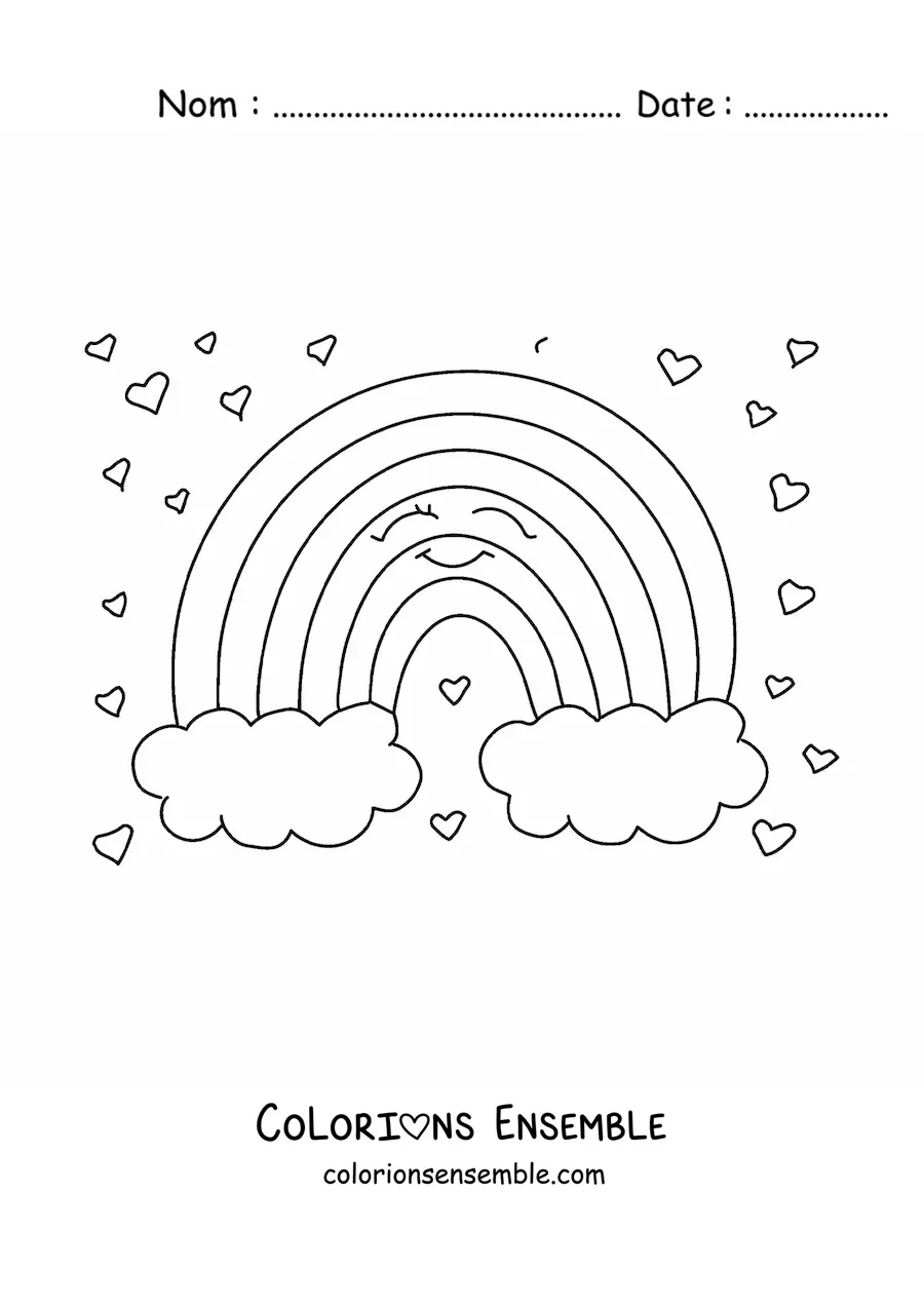 Image à colorier d'un arc-en-ciel animé avec des cœurs
