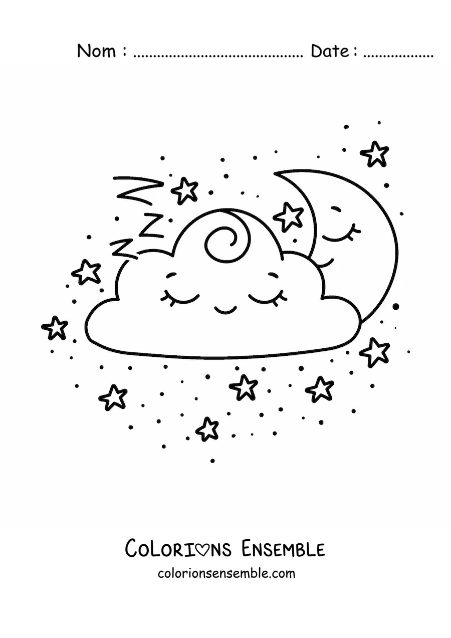 Image à colorier d'un nuage kawaii endormi avec la Lune et des étoiles