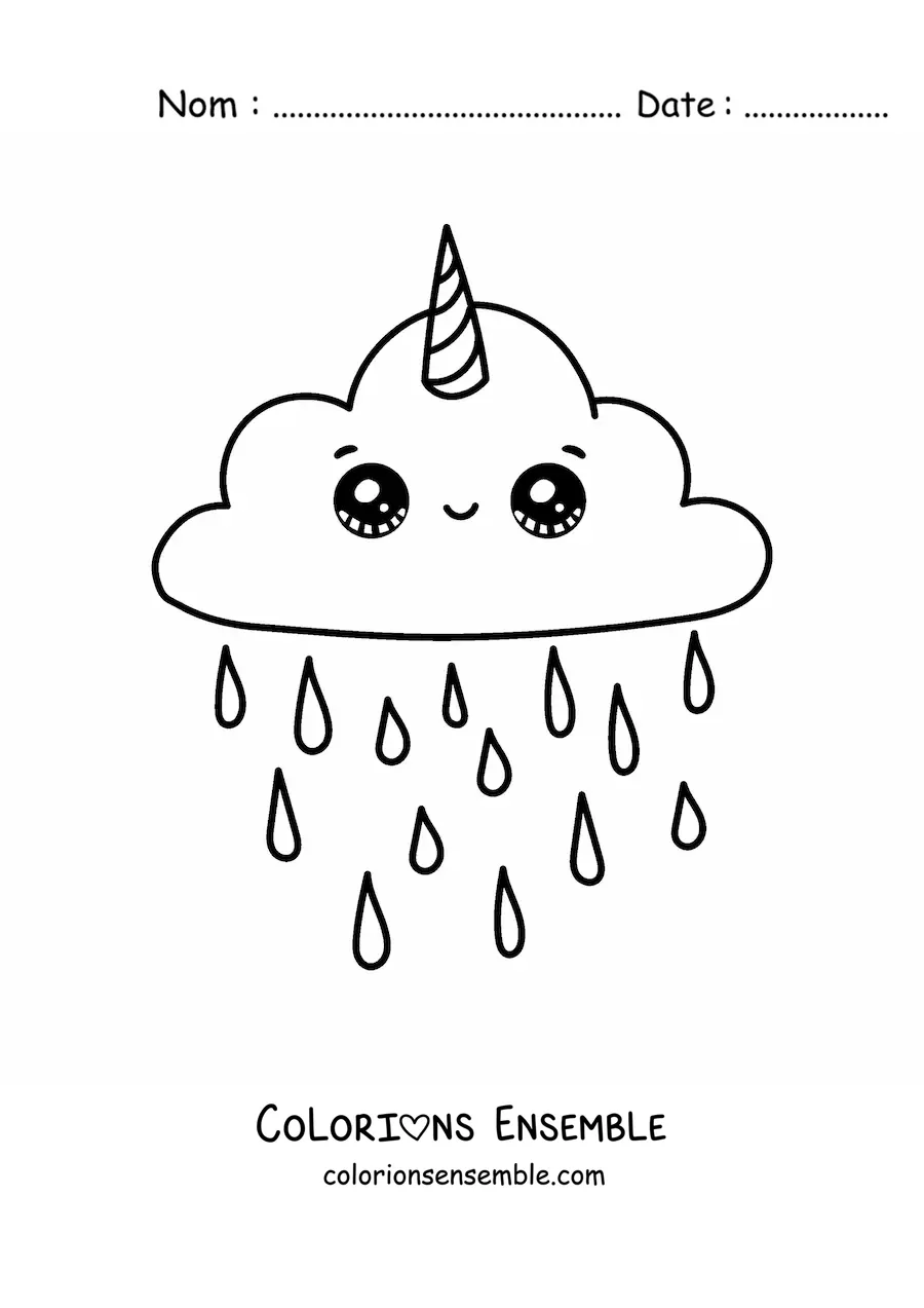 Image à colorier d'un nuage licorne kawaii avec de la pluie