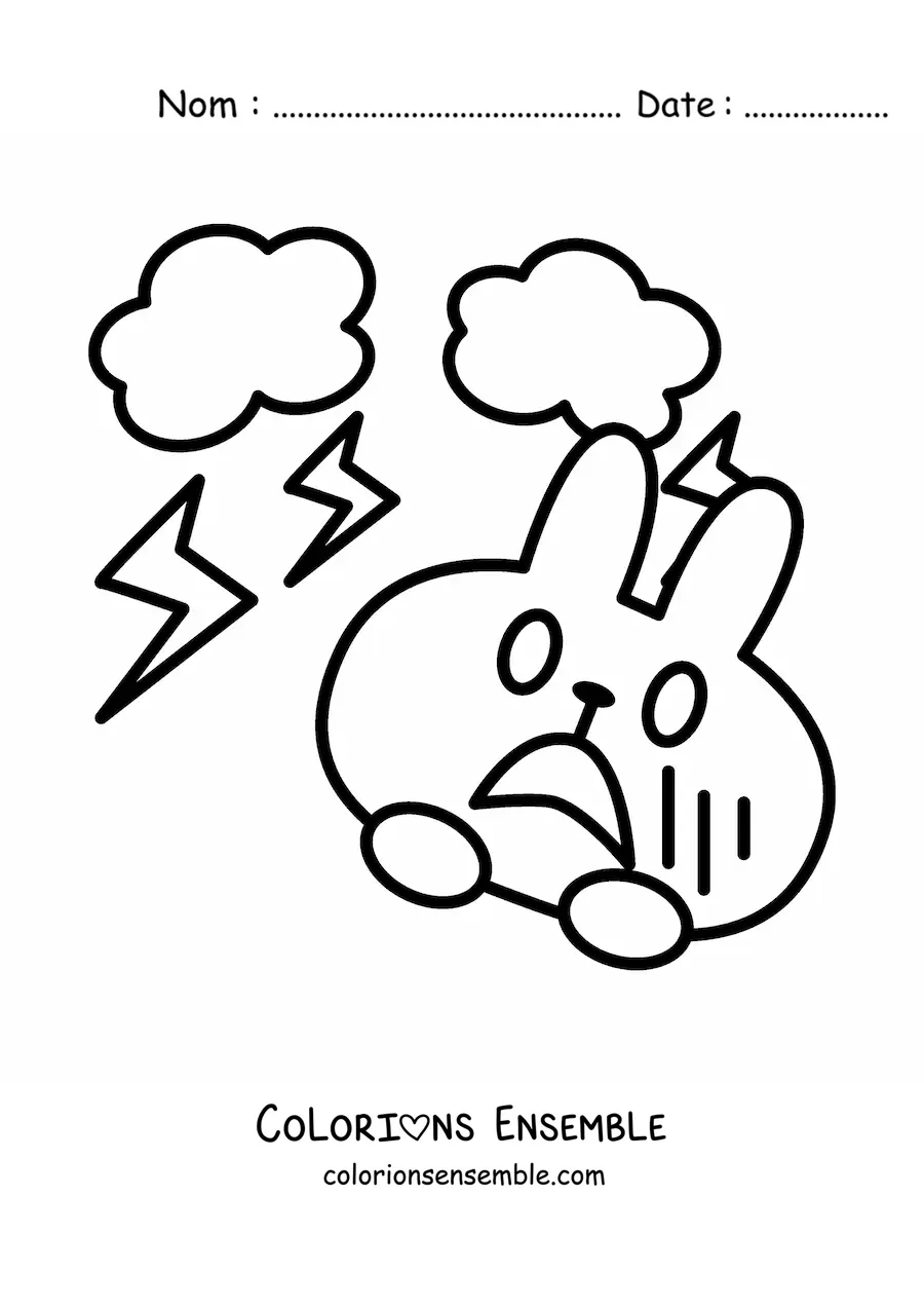 Image à colorier d'un lapin animé effrayé par un orage