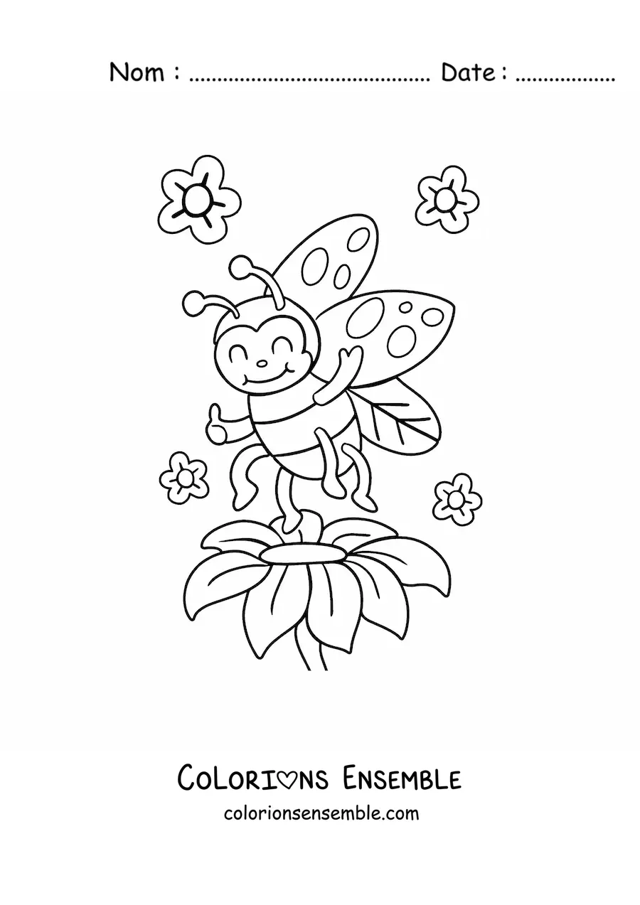 Image à colorier d'une coccinelle kawaii et de fleurs
